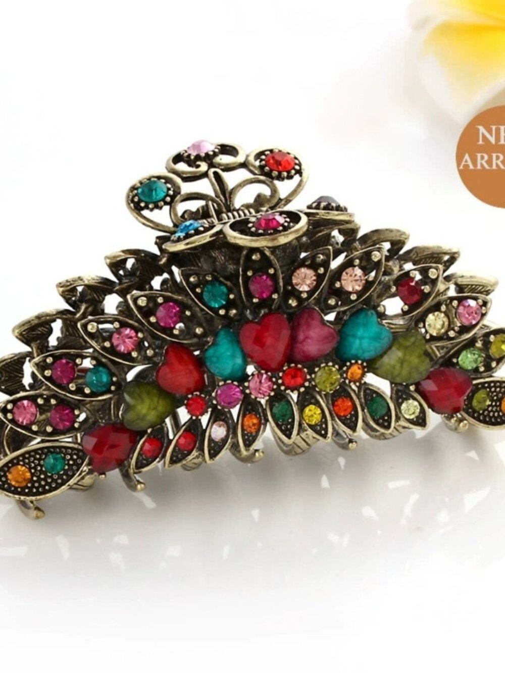 Vintage Bronze-Tone Multi-Color Rhinestone Floral Hair Claw